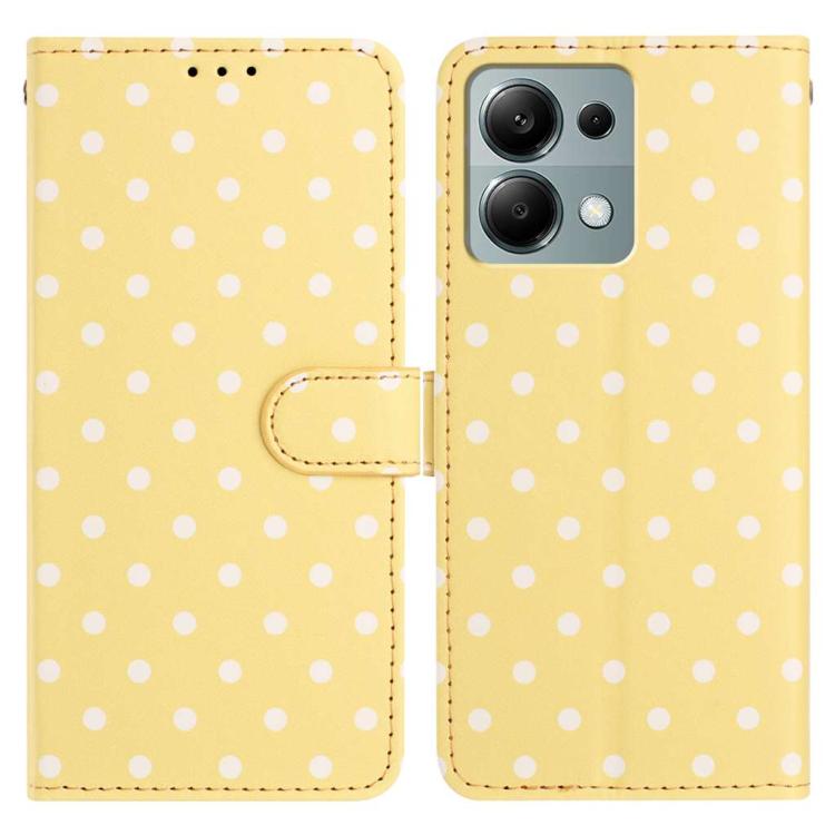 Vegan leather phone case, mustard yellow with white polka dots, folio with side strap