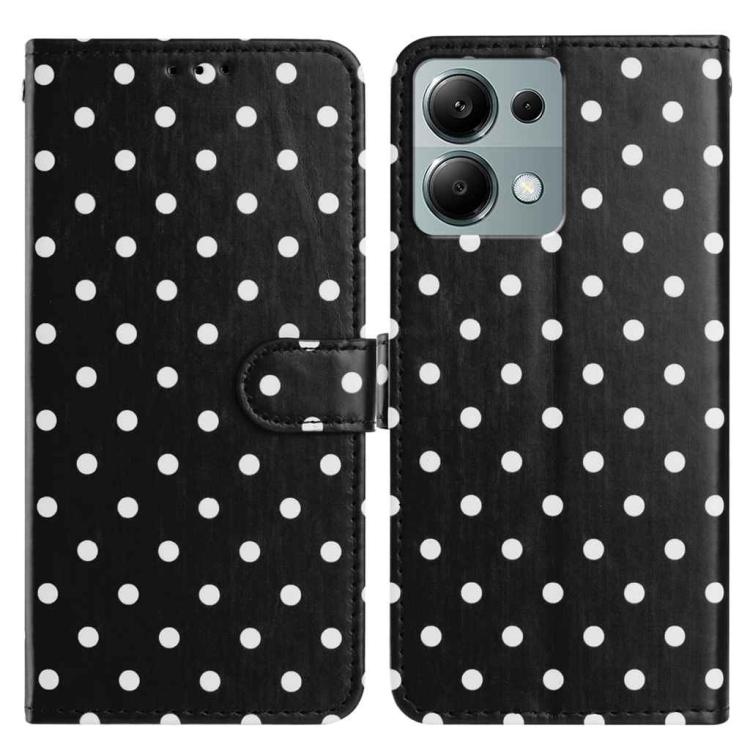 Vegan leather phone case, black with white polka dots, folio with side strap