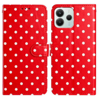 Vegan leather phone case, red with white polka dots, folio with side strap