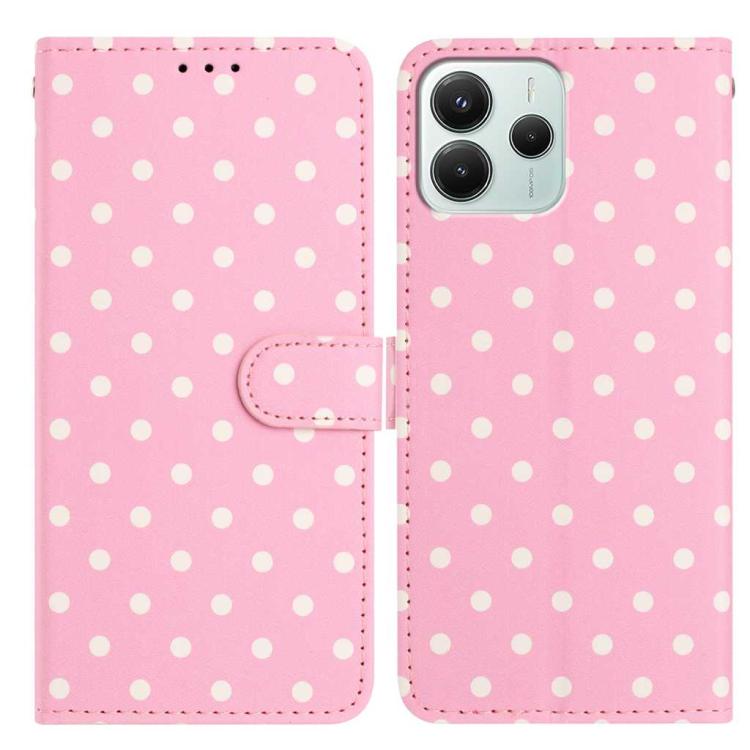 Pink polka-dot vegan leather phone case with flip cover and stitched wrist strap