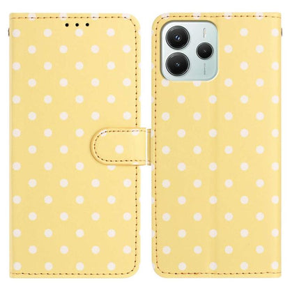 Yellow polka-dot vegan leather phone case with flip cover and stitched buckle strap