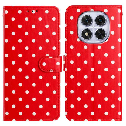 Red polka-dot vegan leather phone case with flip cover and stitched side strap