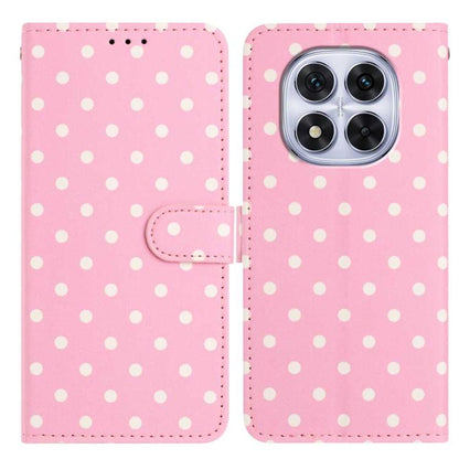 Pink polka-dot vegan leather phone case with camera cutout and flip closure strap