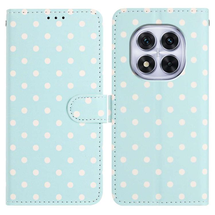 Light blue polka-dot vegan leather phone case with camera cutout and folio flip cover