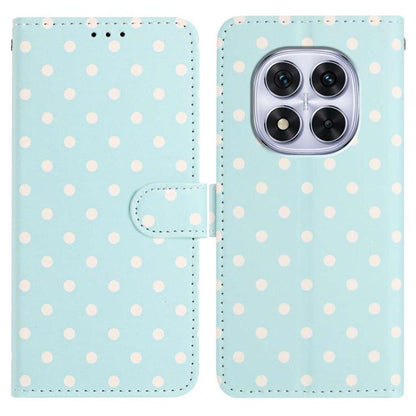 Light blue polka-dot vegan leather phone case with camera cutout and folio flip cover