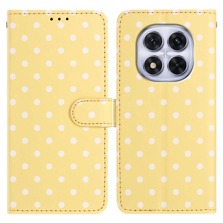 Yellow polka-dot vegan leather phone case with camera cutout and flip cover strap