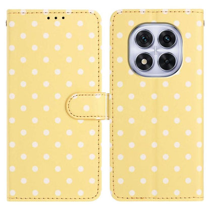 Yellow polka-dot vegan leather phone case with camera cutout and flip cover strap