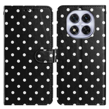 Black polka-dot vegan leather phone case with camera cutout and front flip strap