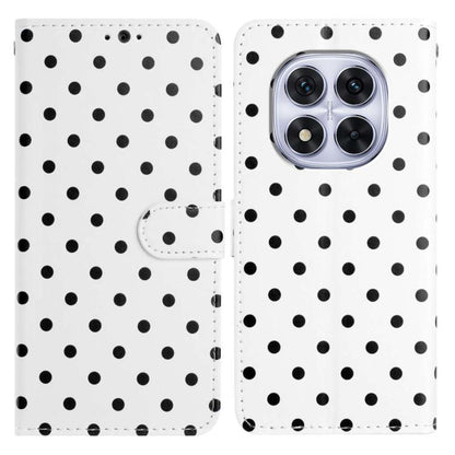 White vegan leather phone case with black polka dots and camera cutout on back