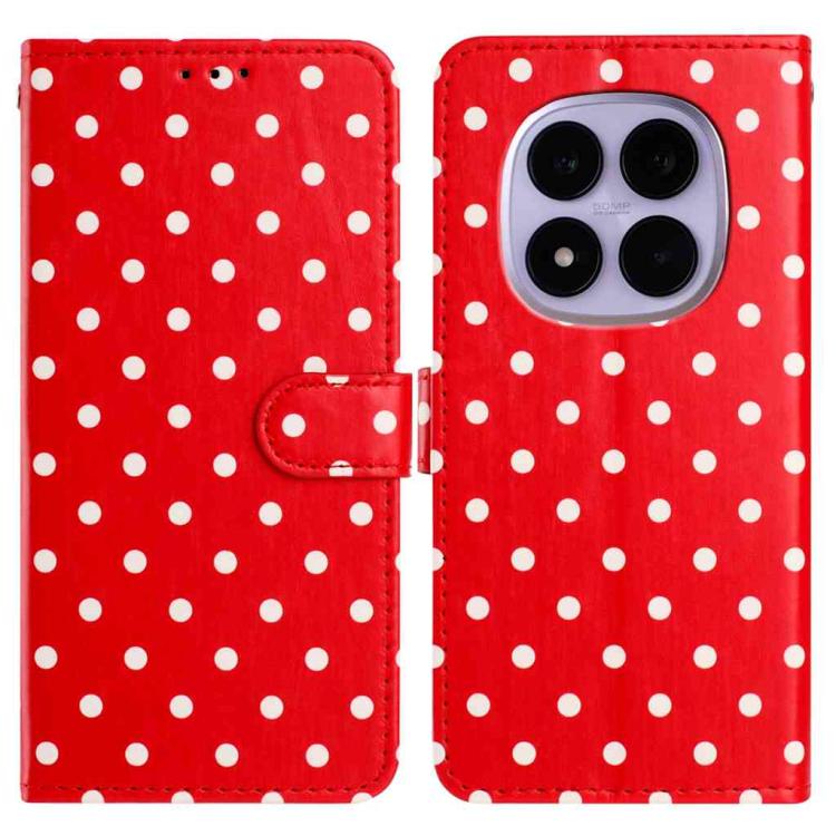 Small-dots vegan leather phone case, red folio with dotted pattern and side strap camera cutout