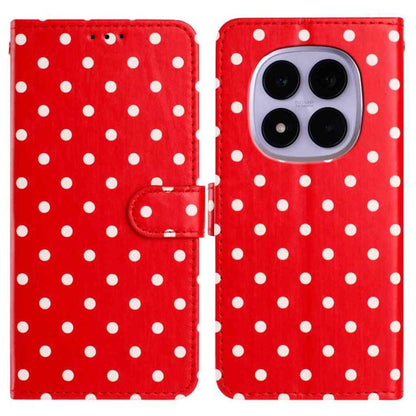Small-dots vegan leather phone case, red folio with dotted pattern and side strap camera cutout