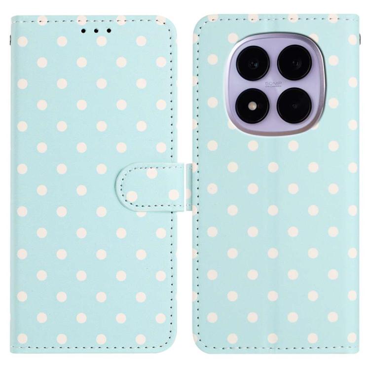 Small-dots vegan leather phone case, light blue folio with dotted pattern and side strap camera cutout