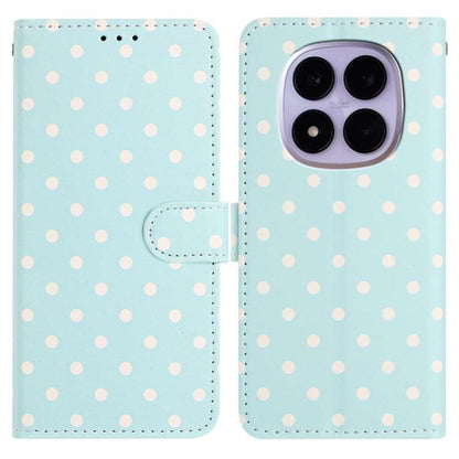 Small-dots vegan leather phone case, light blue folio with dotted pattern and side strap camera cutout