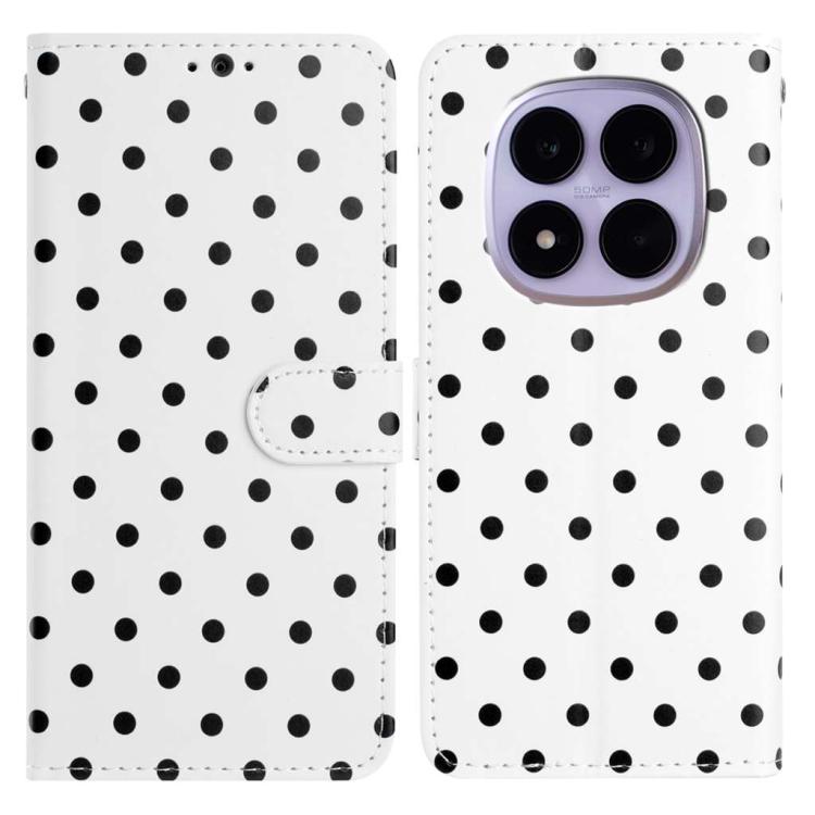 White polka-dot vegan leather phone case with folio flap and hand strap