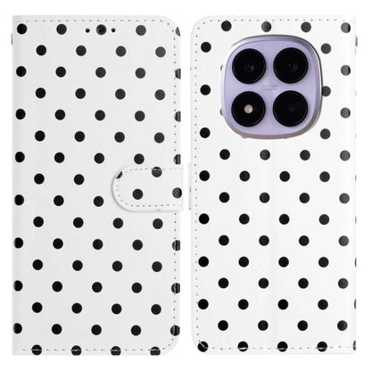 White polka-dot vegan leather phone case with folio flap and hand strap