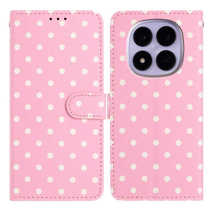 Pink polka-dot vegan leather phone case with folio flap and hand strap