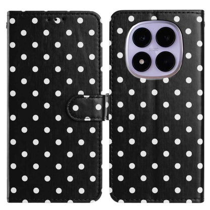 Black polka-dot vegan leather phone case with folio flap and hand strap