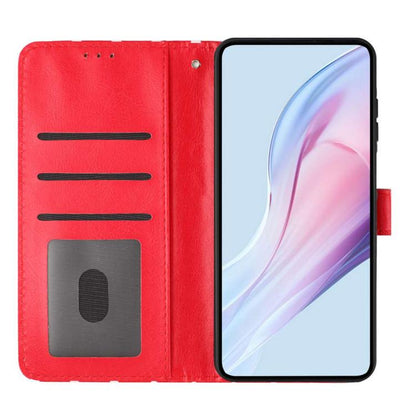 Red vegan leather wallet phone case with polka dots, inner card slots, and strap