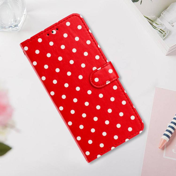Red small-dots vegan leather wallet phone case with magnetic closure and side strap