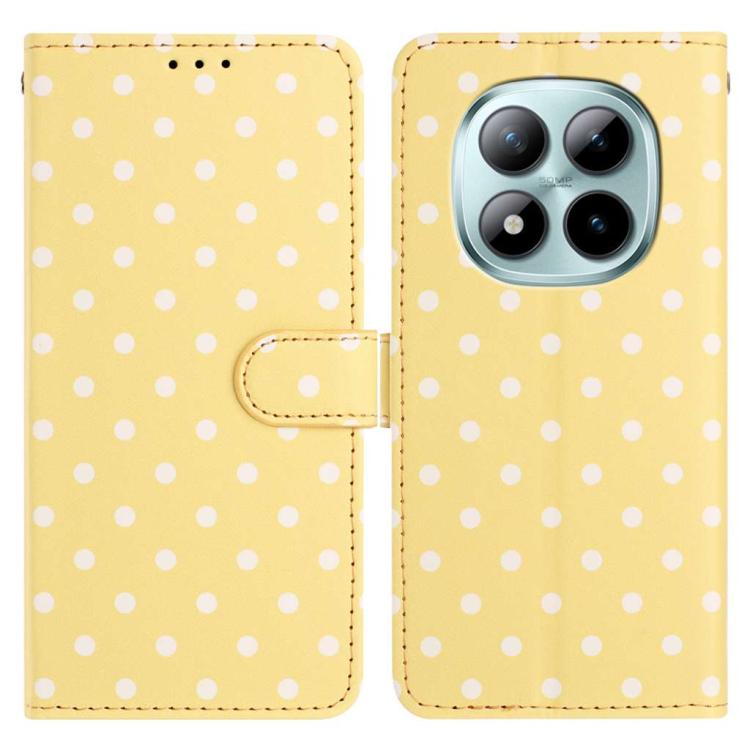 Small-dots vegan leather phone case, pale yellow folio with side strap and camera cutout