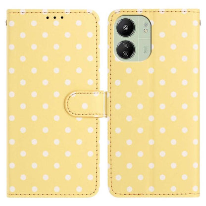 Yellow vegan leather phone case with white polka dots and flip cover magnetic closure