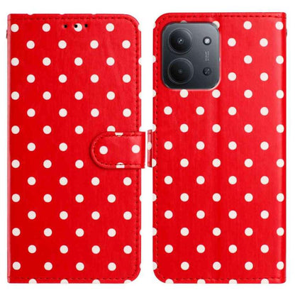 Red vegan leather phone case with small white dots and magnetic folio strap
