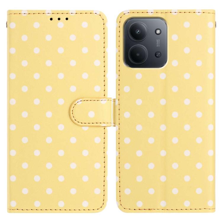 Yellow polka-dot vegan leather flip phone case with card slot and magnetic flap