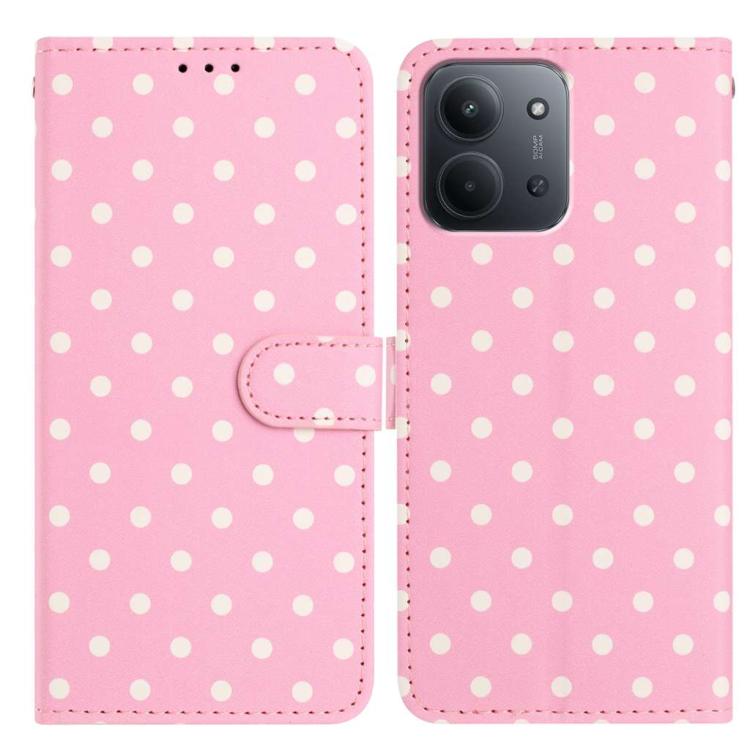 Pink polka-dot vegan leather phone folio case with flip cover and card holder