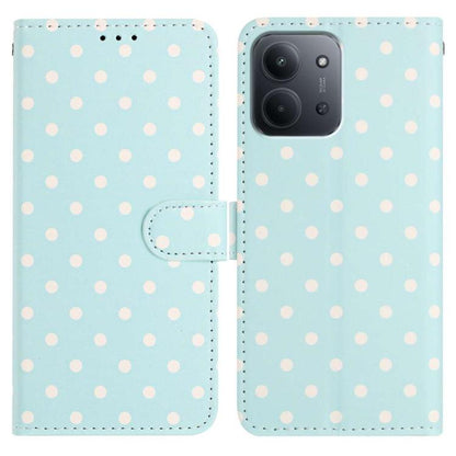 Light blue polka-dot vegan leather phone folio case with flip cover and card holder
