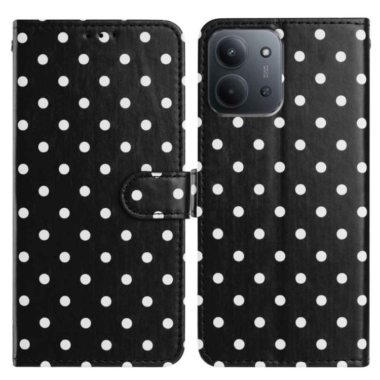 Black polka-dot vegan leather flip phone case with card slot and front camera cutout
