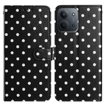 Black polka-dot vegan leather flip phone case with card slot and front camera cutout