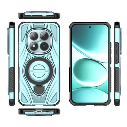Cyan protective phone case with magnetic pivot bracket, ring stand, and side buttons