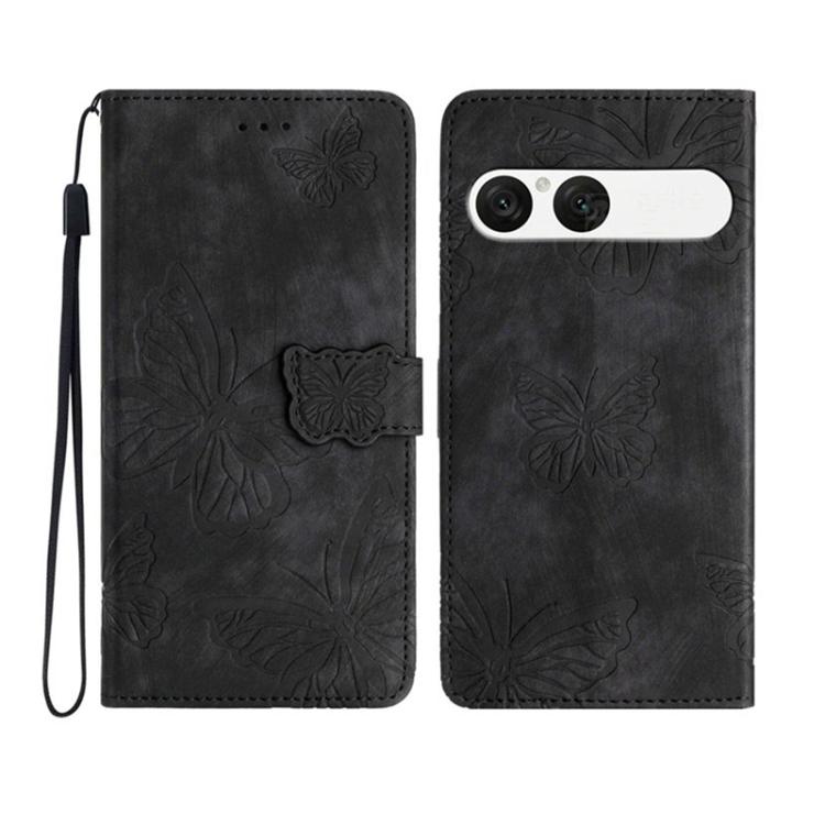 Black embossed butterfly leather phone case with folio flap and wrist strap