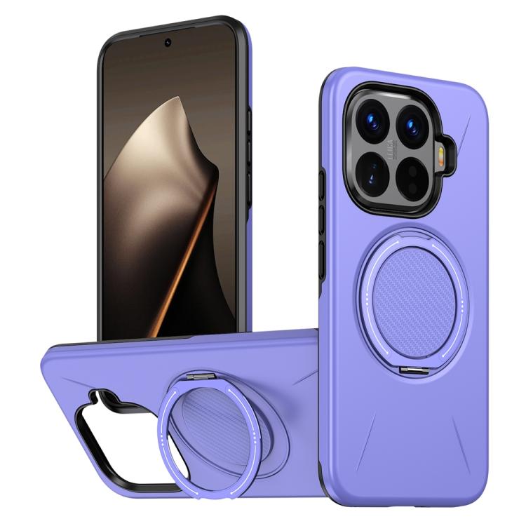 Purple phone case with rotating MagSafe ring holder and camera cutouts