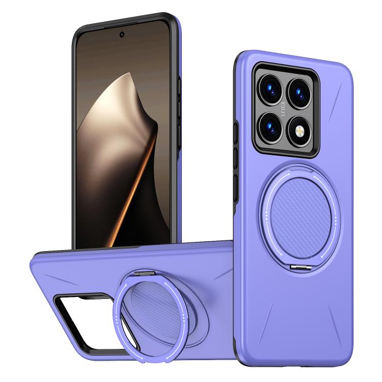 Purple phone case with rotating metal ring holder, MagSafe-compatible, hybrid TPU PC design