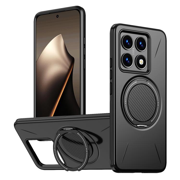 Black phone case with rotating metal ring holder, MagSafe-compatible, hybrid TPU PC design
