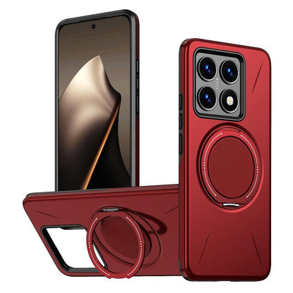 Red phone case with rotating metal ring holder, MagSafe-compatible, hybrid TPU PC design