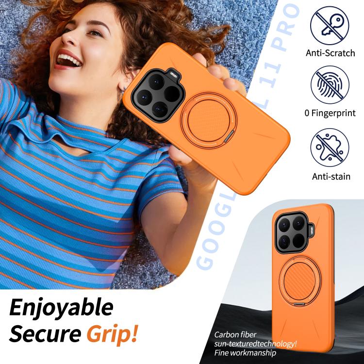 Orange rotation stand phone case with raised camera lenses and grip ring