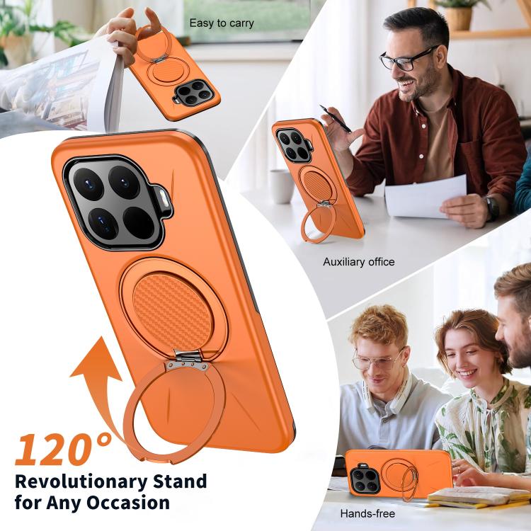 Orange phone case with rotating ring stand, MagSafe-style backing, and camera cutout