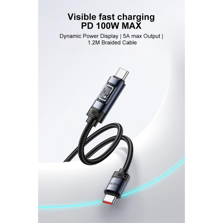 Yesido CA202 100W 5A Type-C to Type-C OLED Display Charging Data Cable, Type-C to Type-C