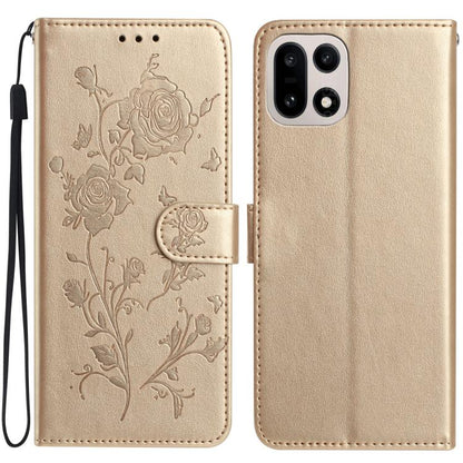 Rose gold faux leather phone wallet case with embossed floral rose pattern and wrist strap.