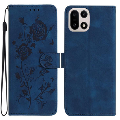 Blue leather folio phone case with rose floral emboss pattern and wrist strap cutout