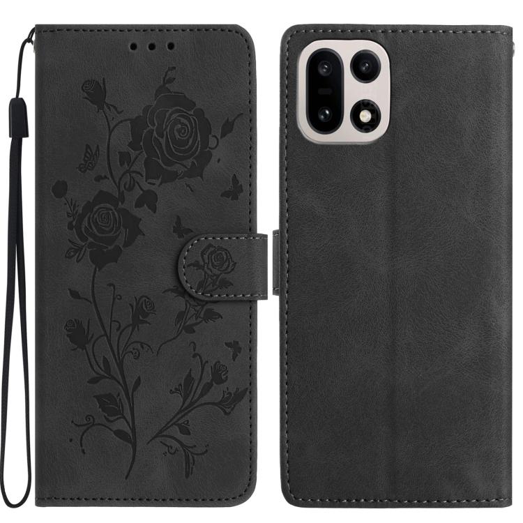 Dark charcoal leather folio phone case with rose floral emboss pattern and wrist strap