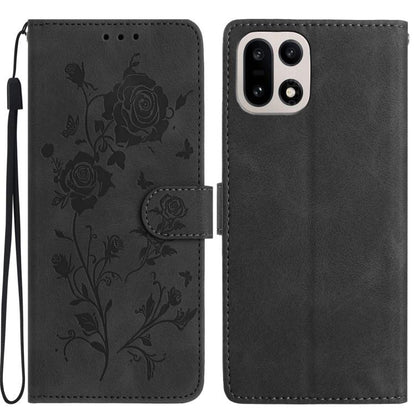 Dark charcoal leather folio phone case with rose floral emboss pattern and wrist strap