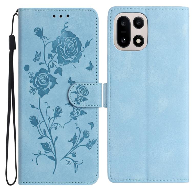 Light blue leather folio phone case with rose floral emboss pattern and wrist strap