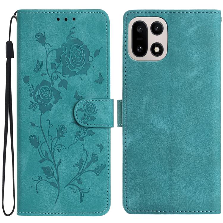 Teal leather folio phone case with rose floral emboss pattern and wrist strap