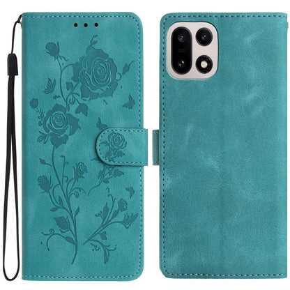 Teal leather folio phone case with rose floral emboss pattern and wrist strap