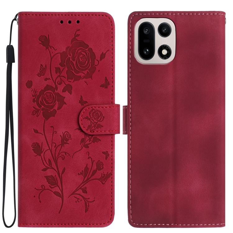 Red leather folio phone case with rose floral emboss pattern and wrist strap