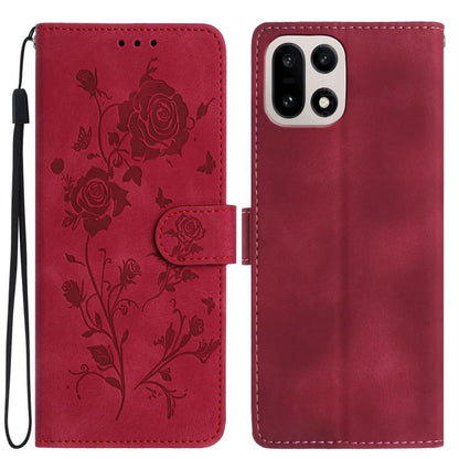 Red leather folio phone case with rose floral emboss pattern and wrist strap