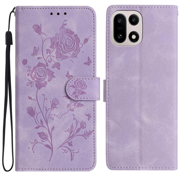 Lavender leather folio phone case with rose floral emboss pattern and wrist strap